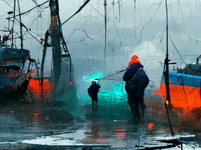 Port de pêche futuriste dans la tourmente