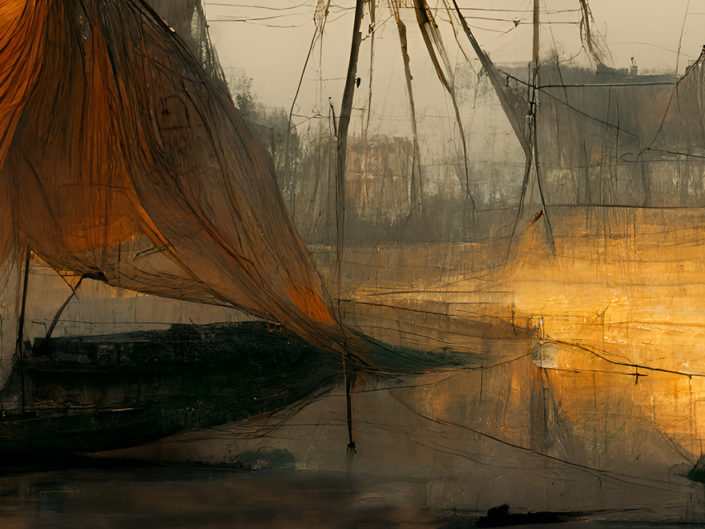 Dans le port les pêcheurs réparent voiles et filets