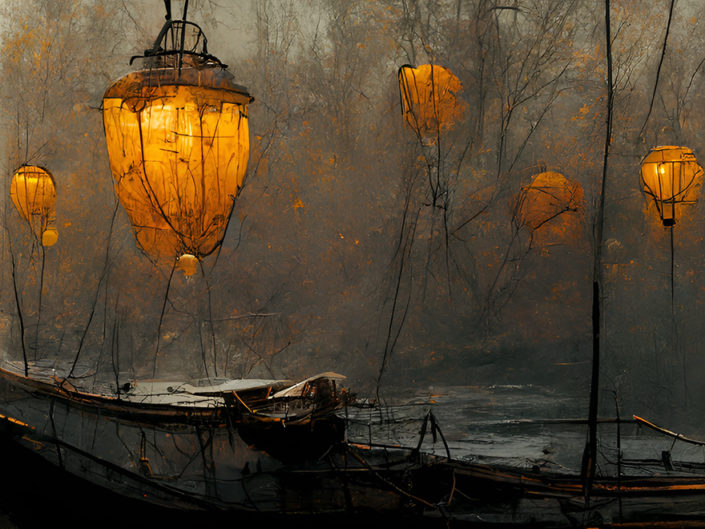 Pirogues et lanternes sur le fleuve.